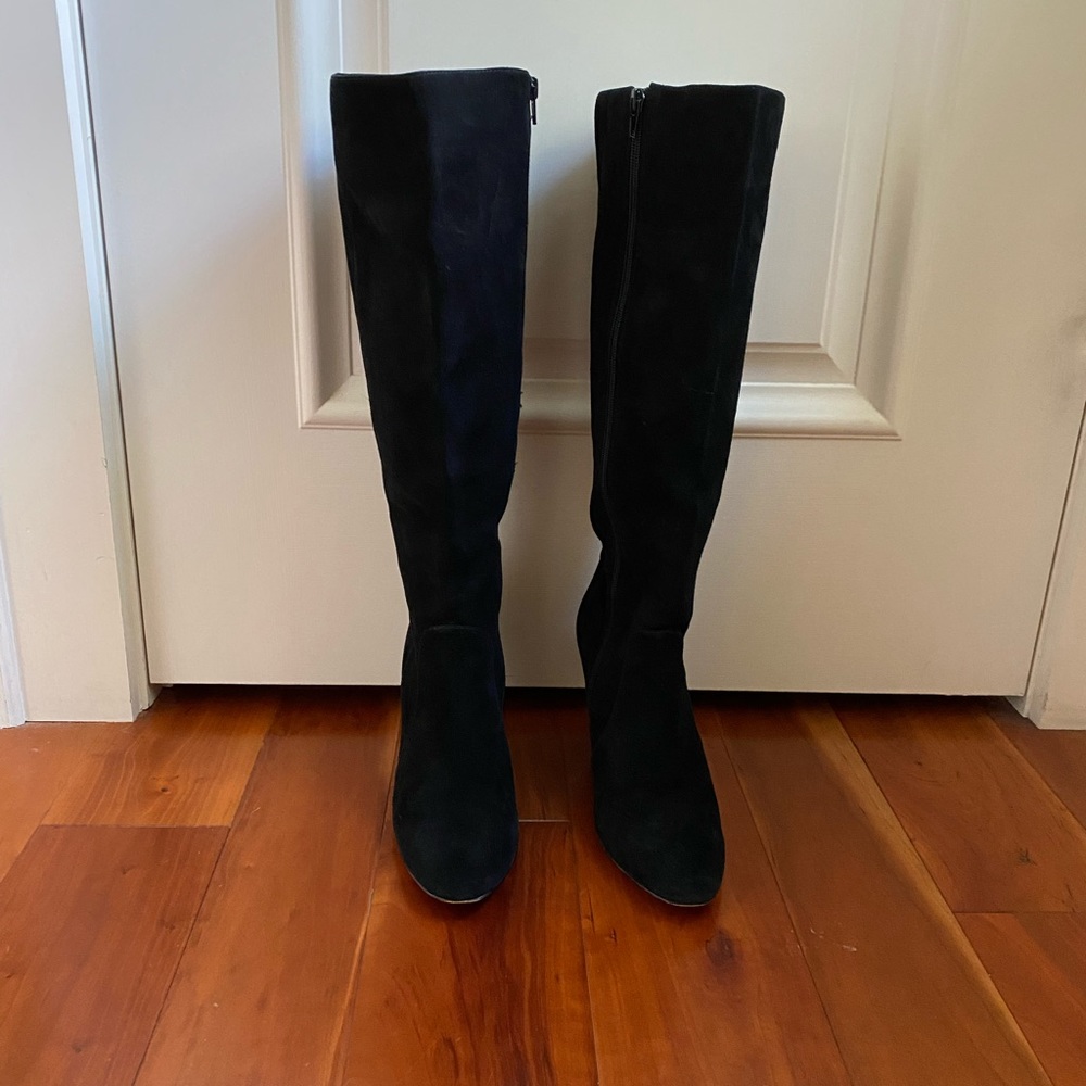 Ann Taylor "Rosemary" Tall Black Suede Wedge Heel Boots 8.5 Medium